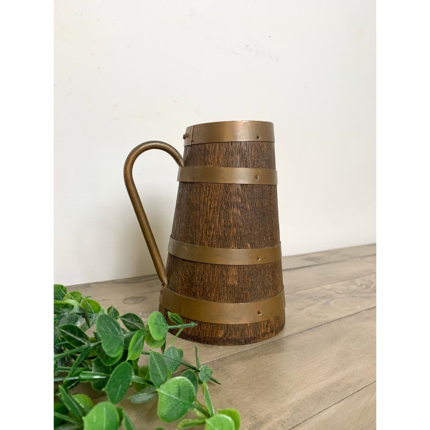 Antique Staved Wood Pitcher Copper Bands Handle Rustic Jug Vase Farmhouse