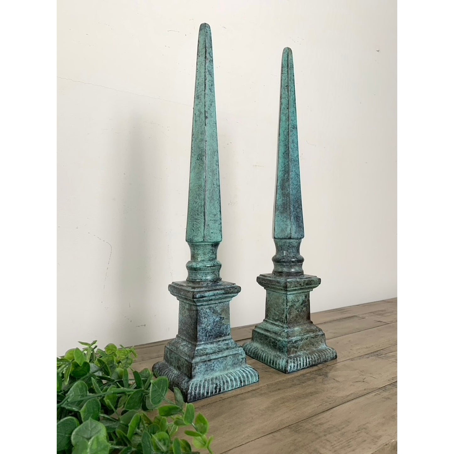 Verdigris Tall Metal Obelisk Finial Sculptures Pair Old Money Distressed 18.25 H