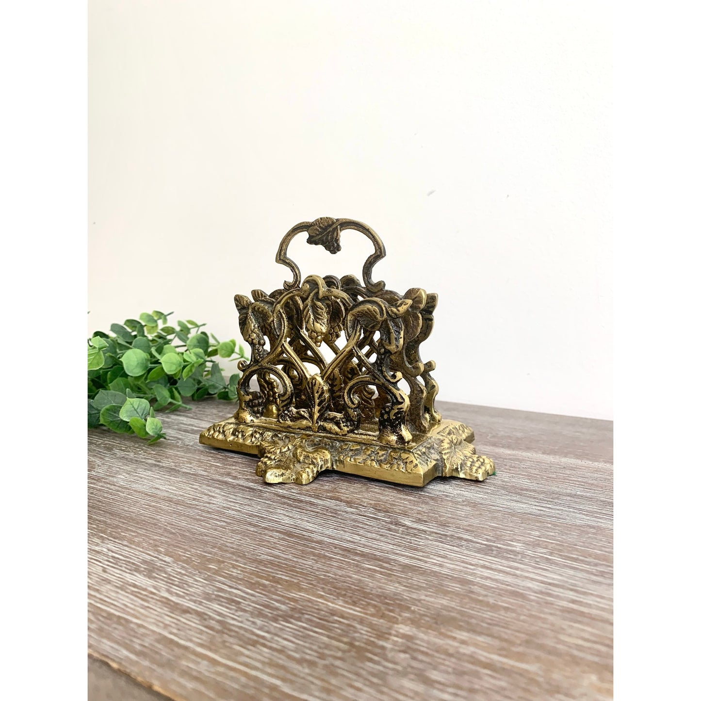 Antique Brass Mail Holder Made in England Napkin Letter Vintage Ornate Organizer