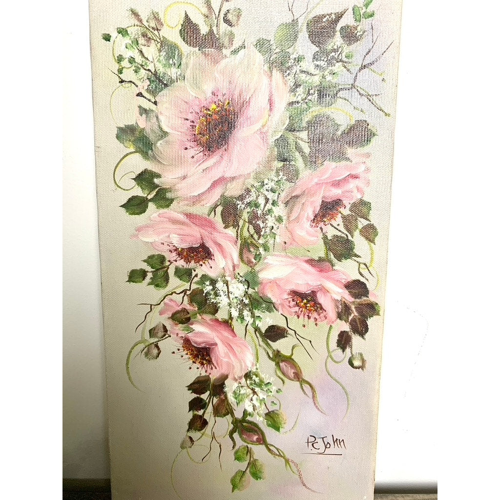 Vintage Floral Oil Painting on Canvas Signed by P. John, 16x8, Pink Floral