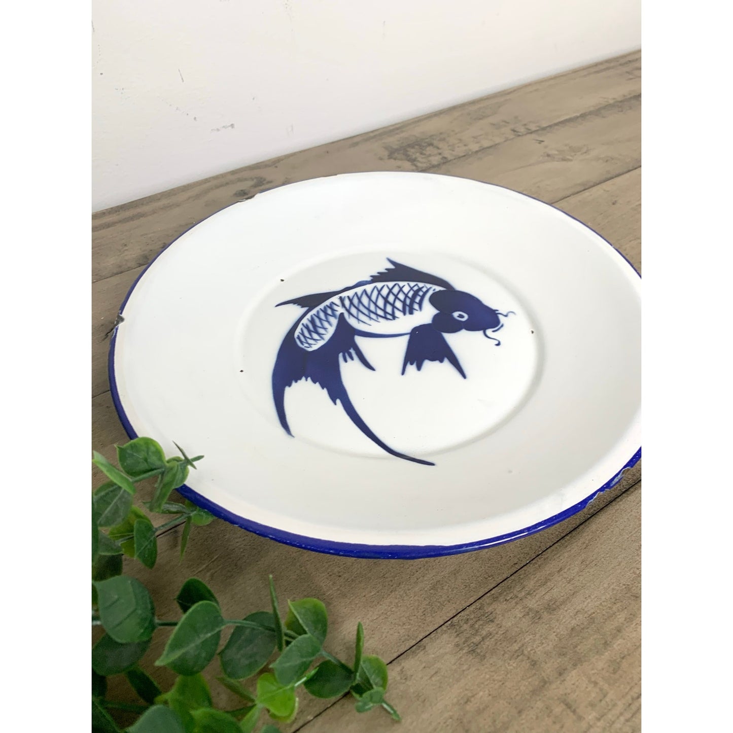 Vintage Butterfly Brand Enamelware Plate Blue Koi Fish Farmhouse Chinoiserie
