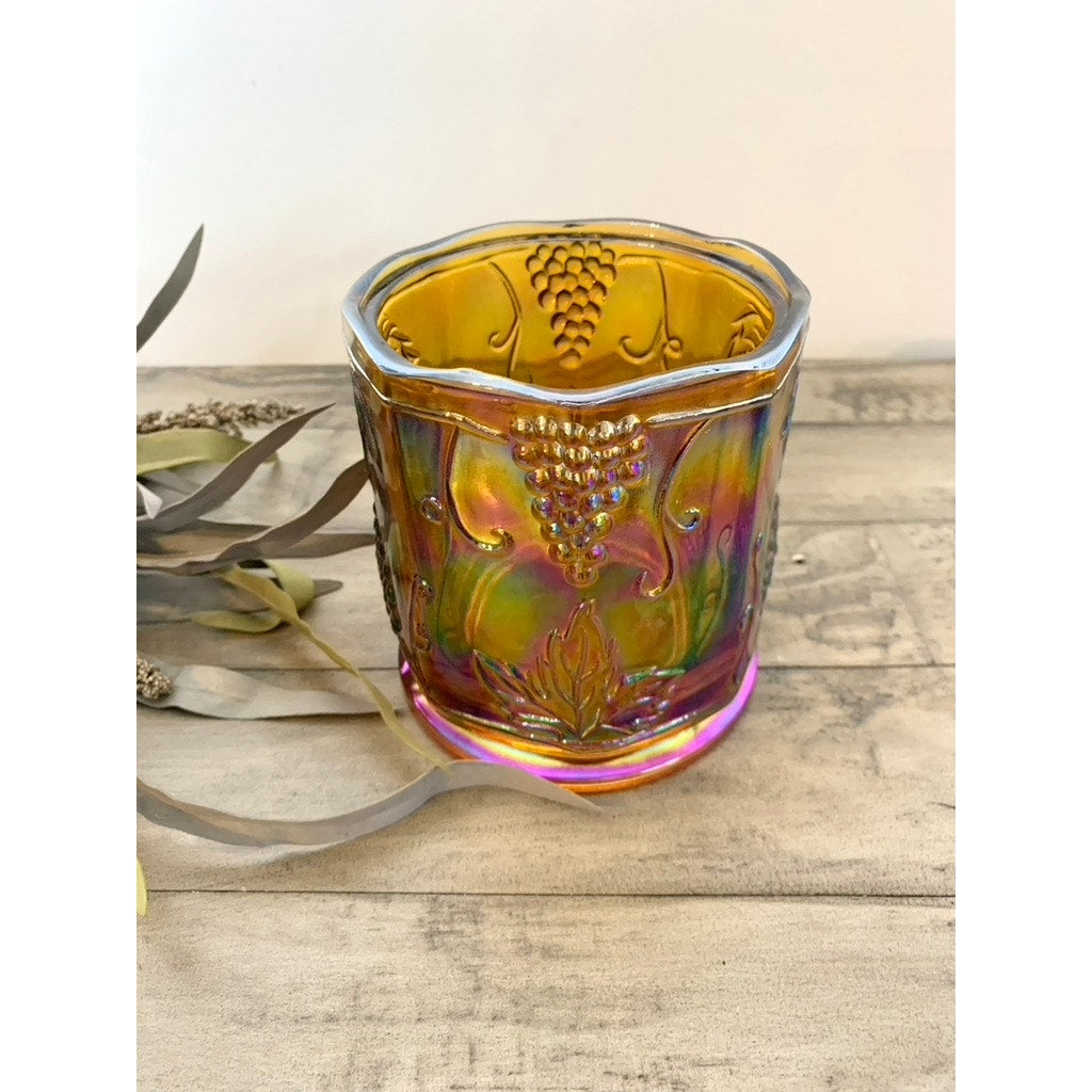 Vintage Iridescent Carnival Glass Votive Holder with Grape & Leaf Motif Marigold