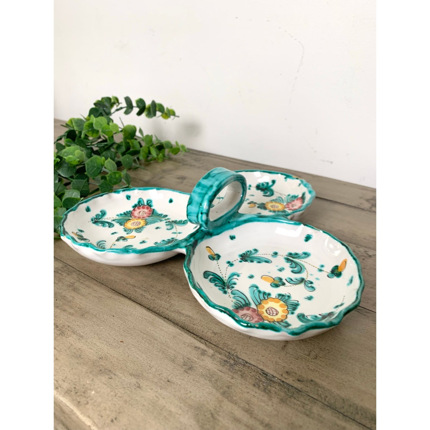 Vintage Hand Painted Italian Pottery Ceramic Serving Dish w Handle Signed Italy