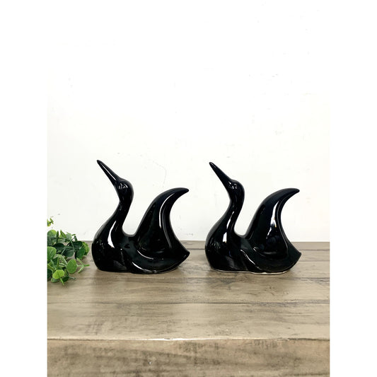 Vintage Black Ceramic Swan Figurines – Mid-Century Modern Shelf Decor