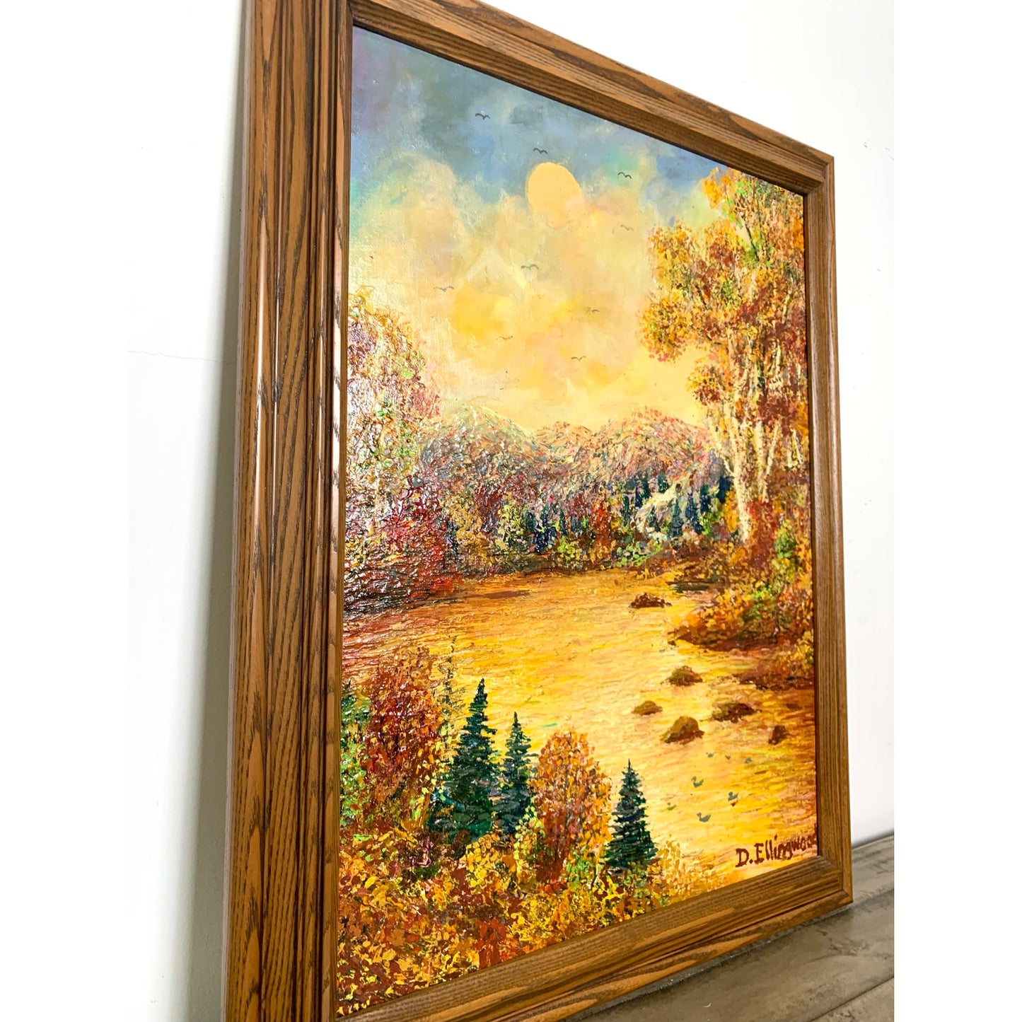 Vintage Oil Painting on Canvas by D. Ellingwood, Framed Autumn Landscape, 28x22