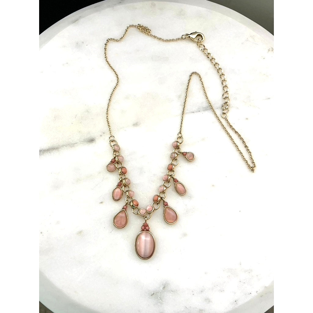 Goldtone Fashion Necklace Two-Tone Pink Stones Adjustable 16”–18.25” Feminine