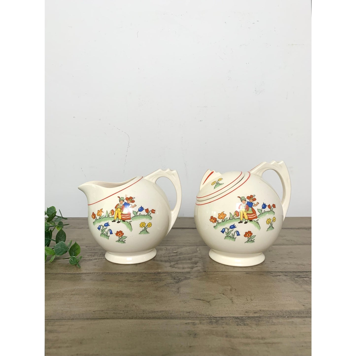 Vintage Crooksville China Co 3pc Creamer & Sugar Set Hand Painted Dutch Children
