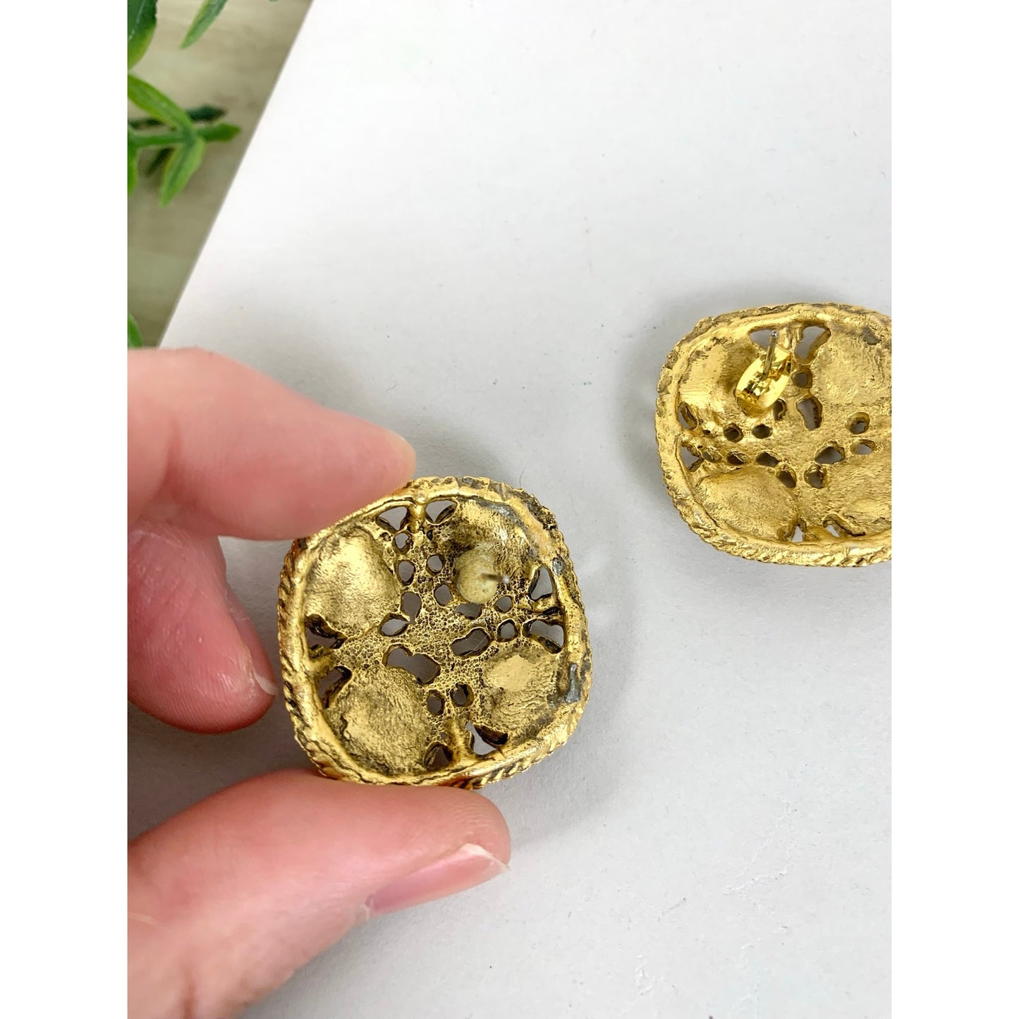 Vintage Goldtone Teal Swirl Enamel Statement Earrings Chunky Retro Post Back 1980s