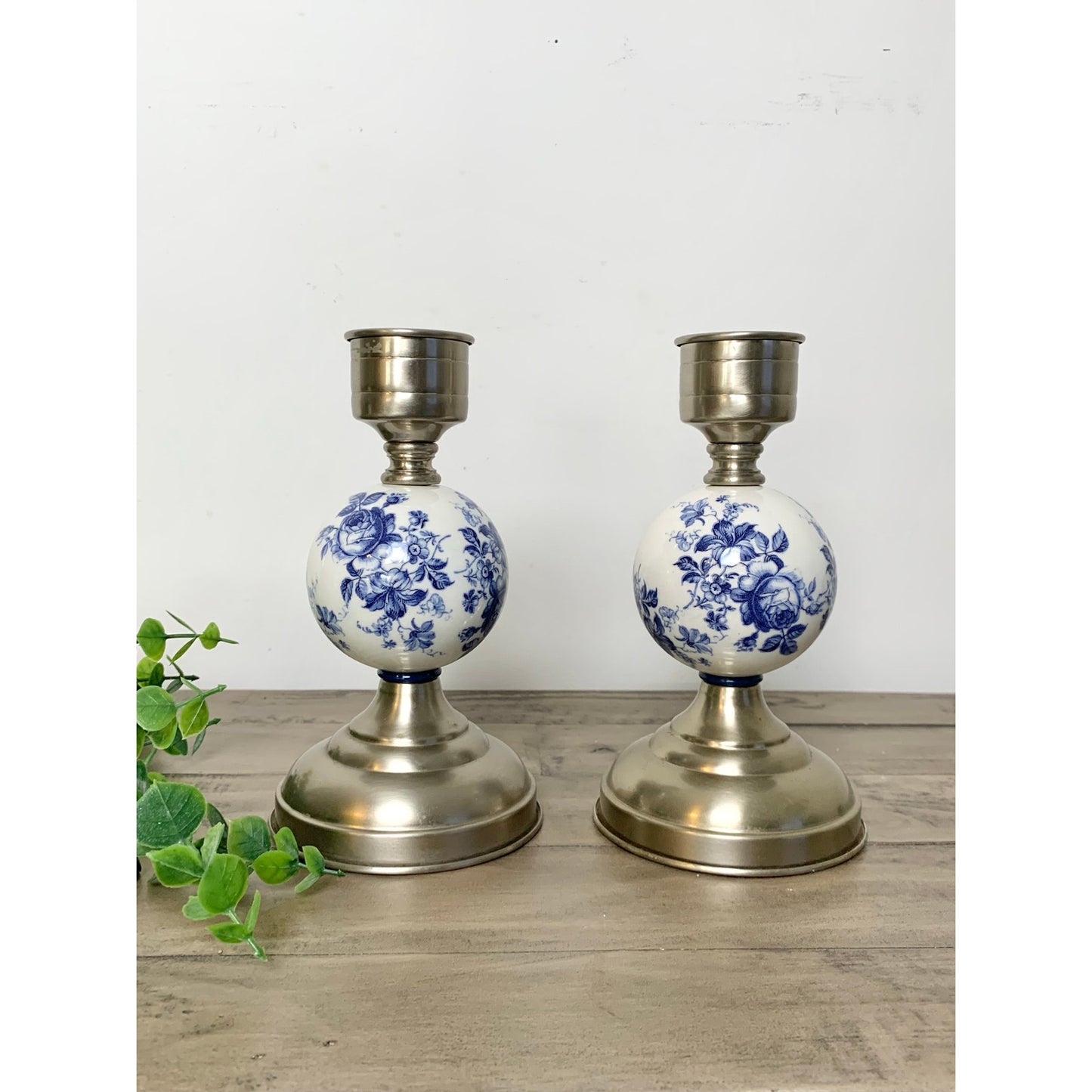 Vintage Blue & White Floral Porcelain and Pewter Candlestick Holders Set of 2