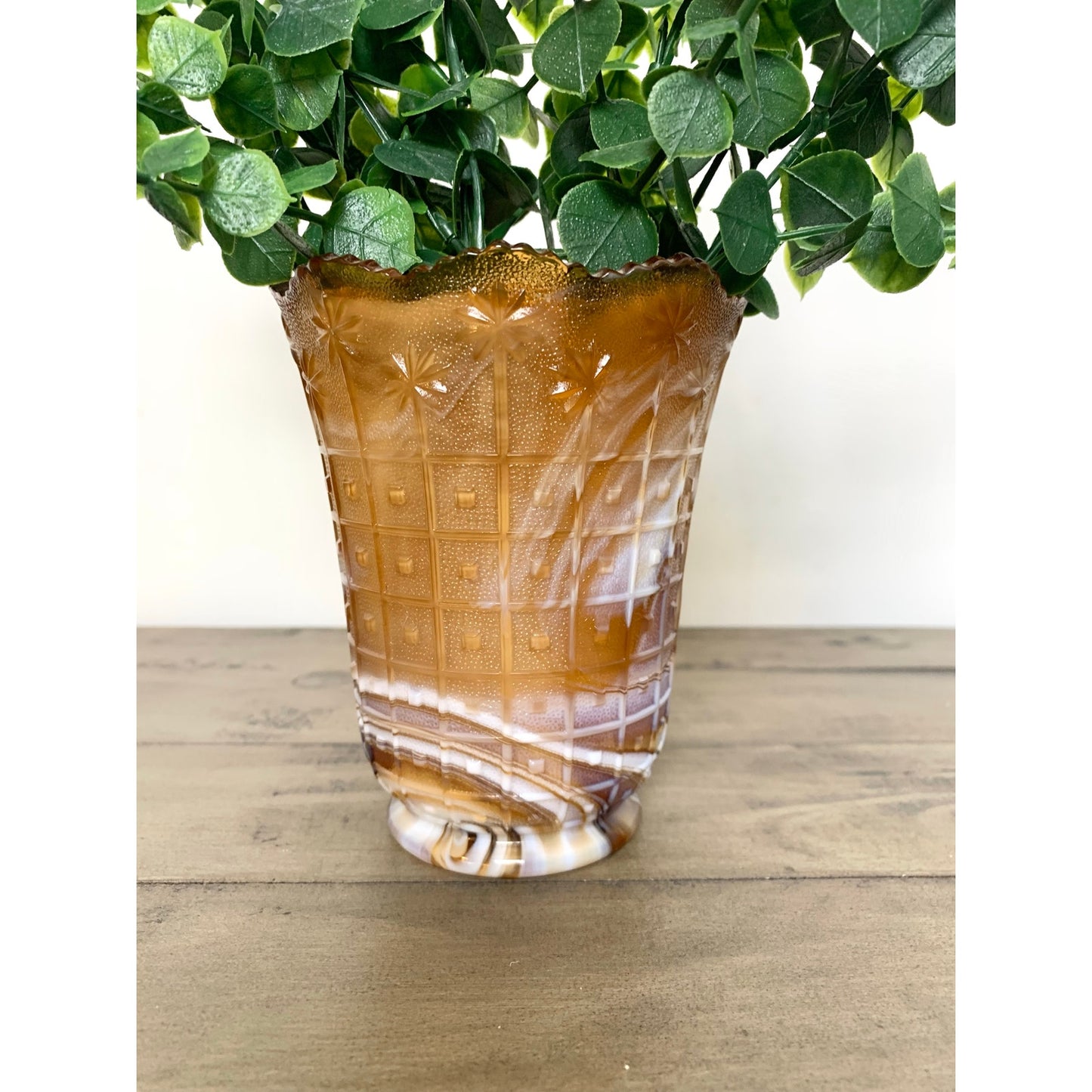 Vintage Imperial Glass Amber Slag Glass Vase Marbled Swirl Mid Century Scalloped