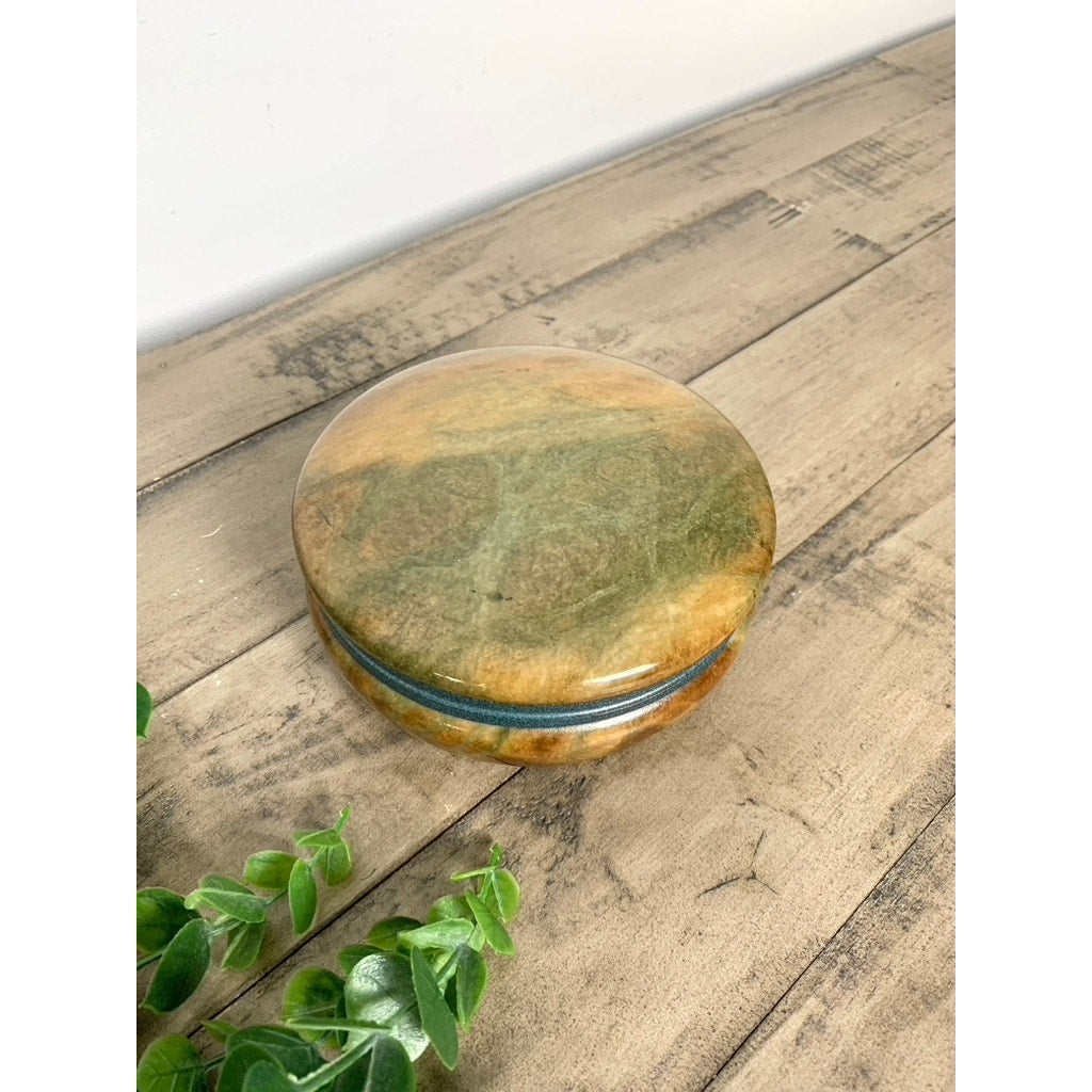 Vintage Alabaster Trinket Jewelry Box Hinged Earthy Green Brown Veining Stone