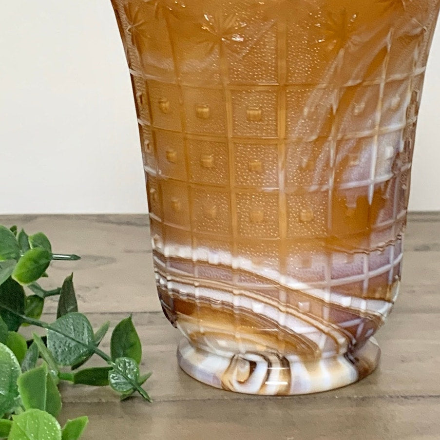 Vintage Imperial Glass Amber Slag Glass Vase Marbled Swirl Mid Century Scalloped