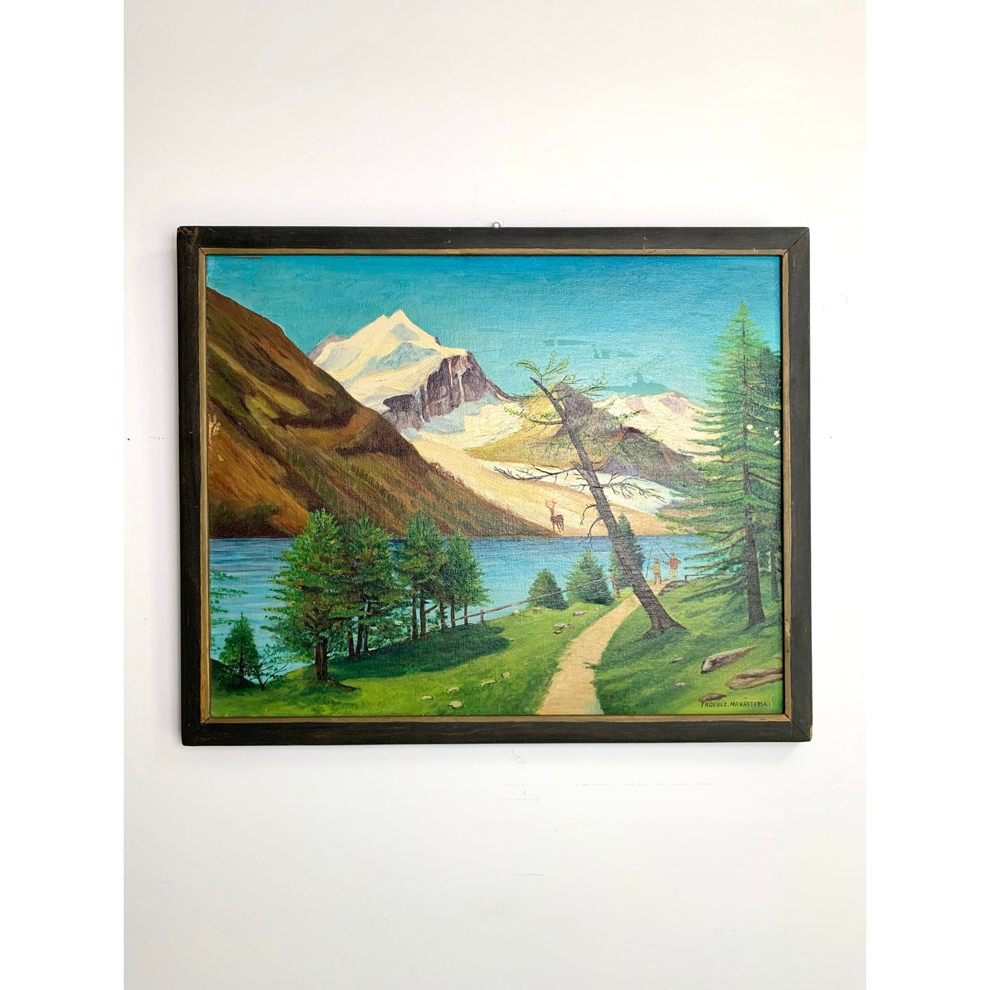 Vintage Alpine Landscape Oil Painting Signed Framed Mountain Lake Nature Cottage
