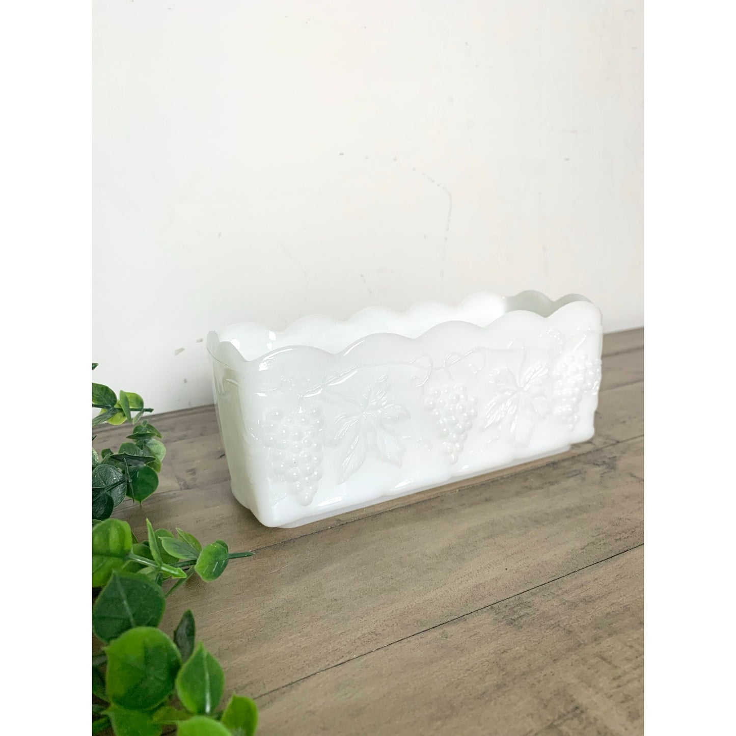 Vintage Anchor Hocking Fire King Milk Glass Grapevine Planter Scalloped RIm