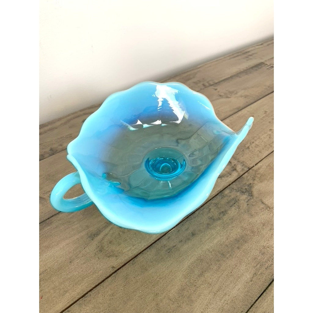 Vintage Dugan Opalescent Blue Glass Nappy Dish Aqua Pedestal Bowl Cottage Boho