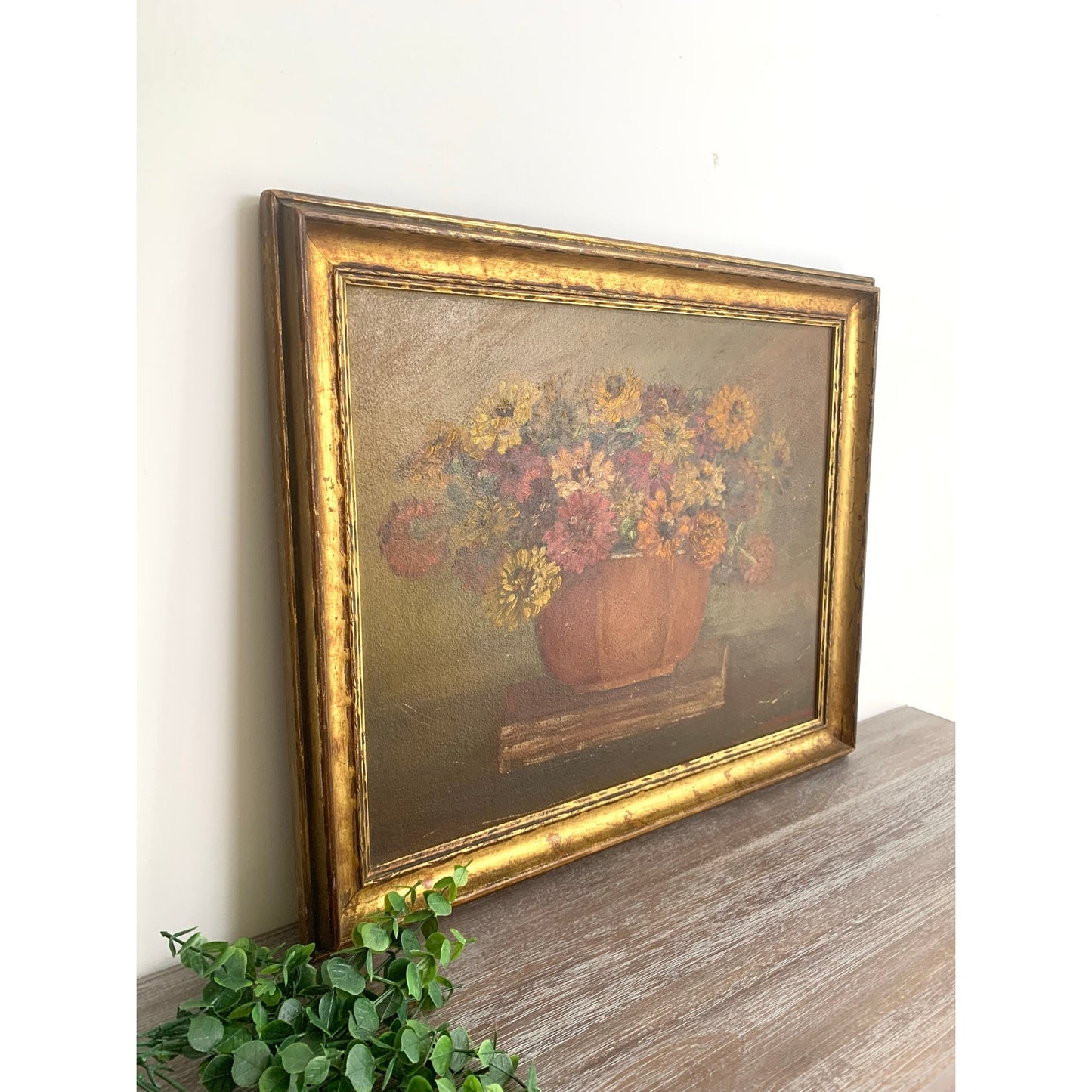 Vintage Floral Still Life Oil Painting on Board Signed Wright Framed Moody Art