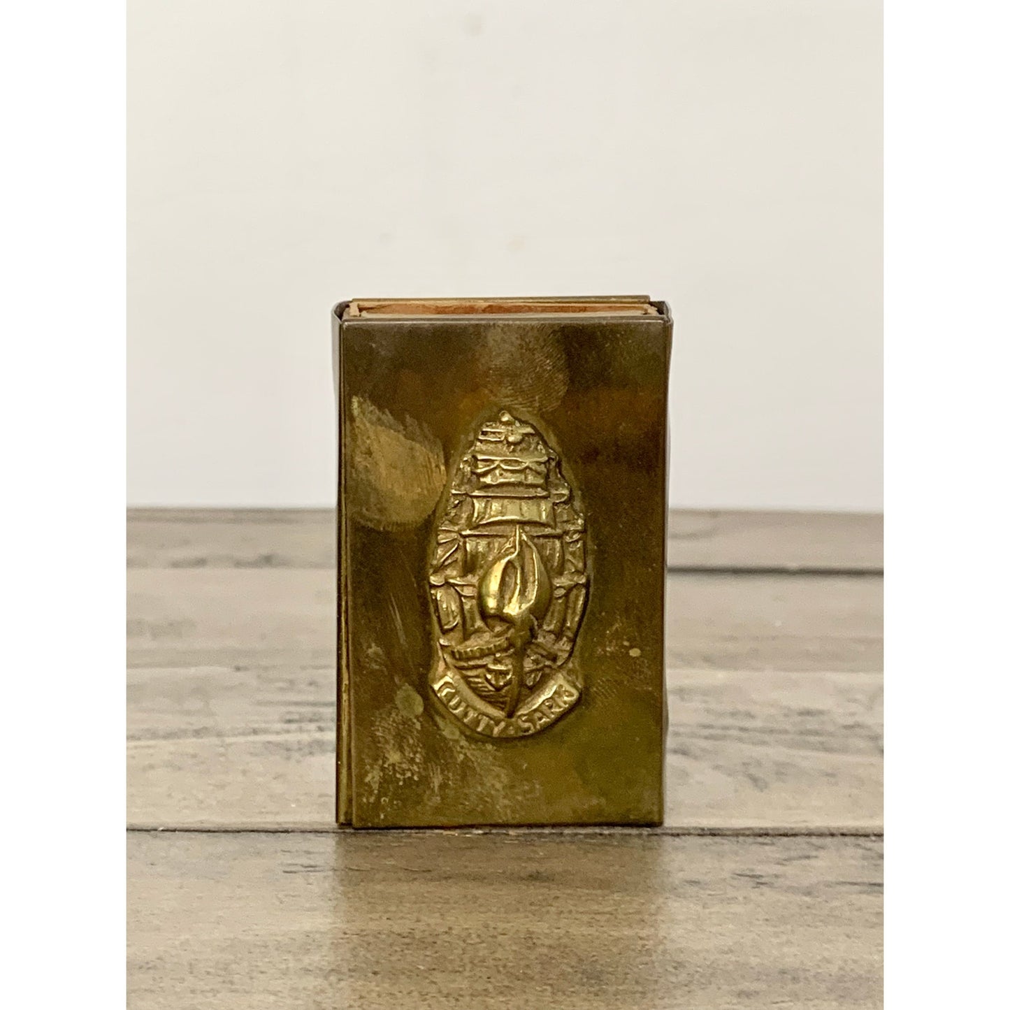 Vintage Brass Match Holder with Cutty Sark Emblem Nautical Maritime Match Cover