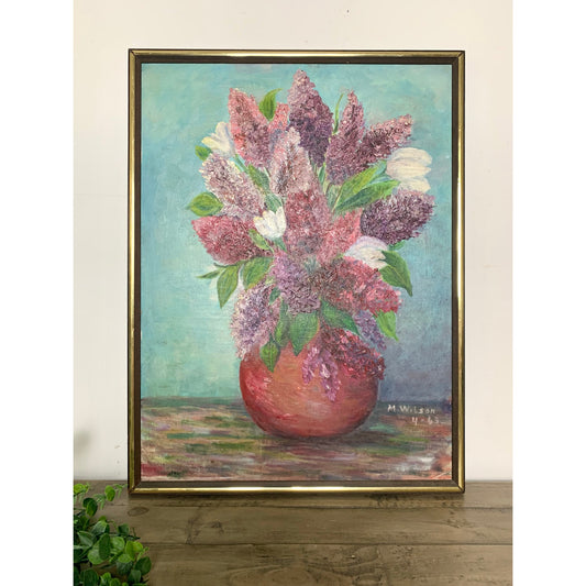 1963 Oil Painting Lilacs in Red Vase by M. Wilson Vintage Floral Still Life