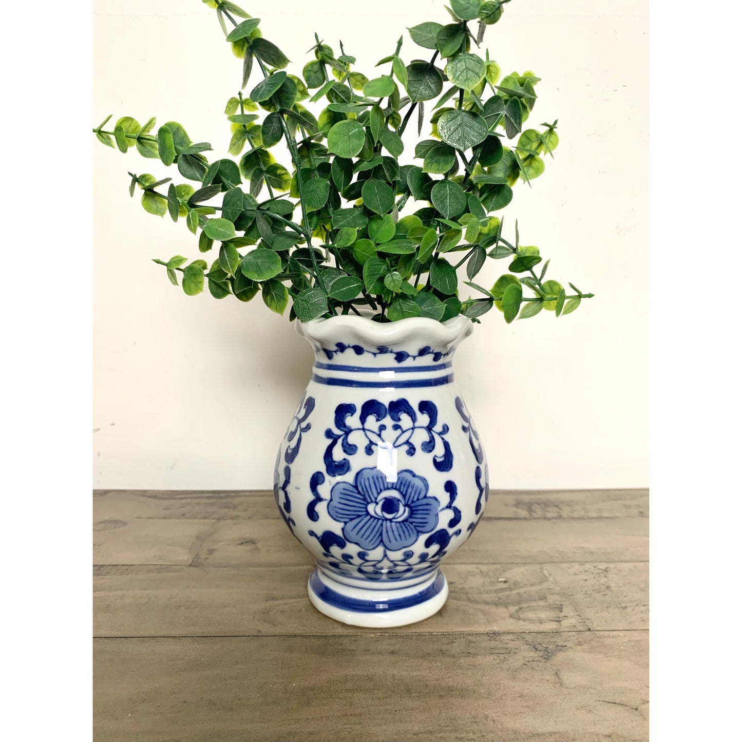 Vintage Blue and White Porcelain Ginger Jar with Lid Chinoiserie Ceramic Cottage
