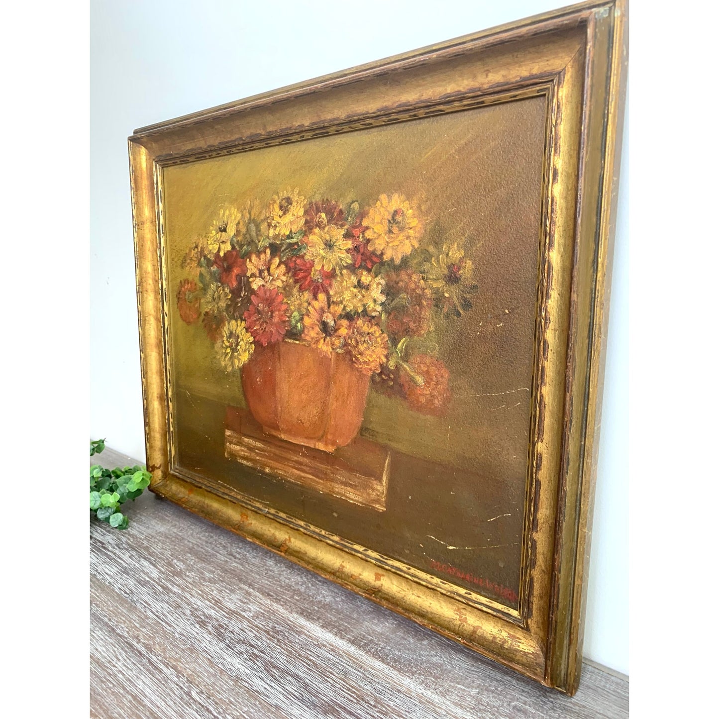 Vintage Floral Still Life Oil Painting on Board Signed Wright Framed Moody Art