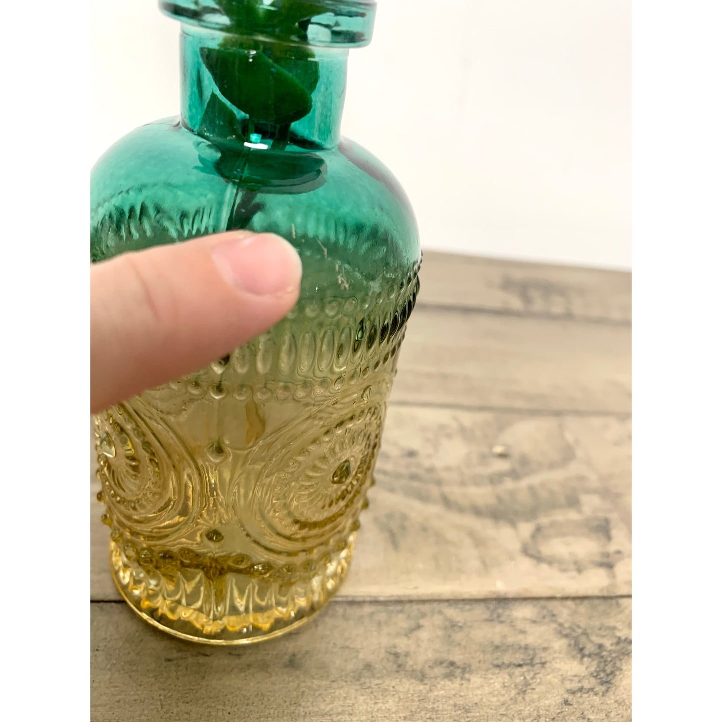 Vintage Style Ombre Green Amber Glass Bud Vase Set Pair Textured Boho Coastal