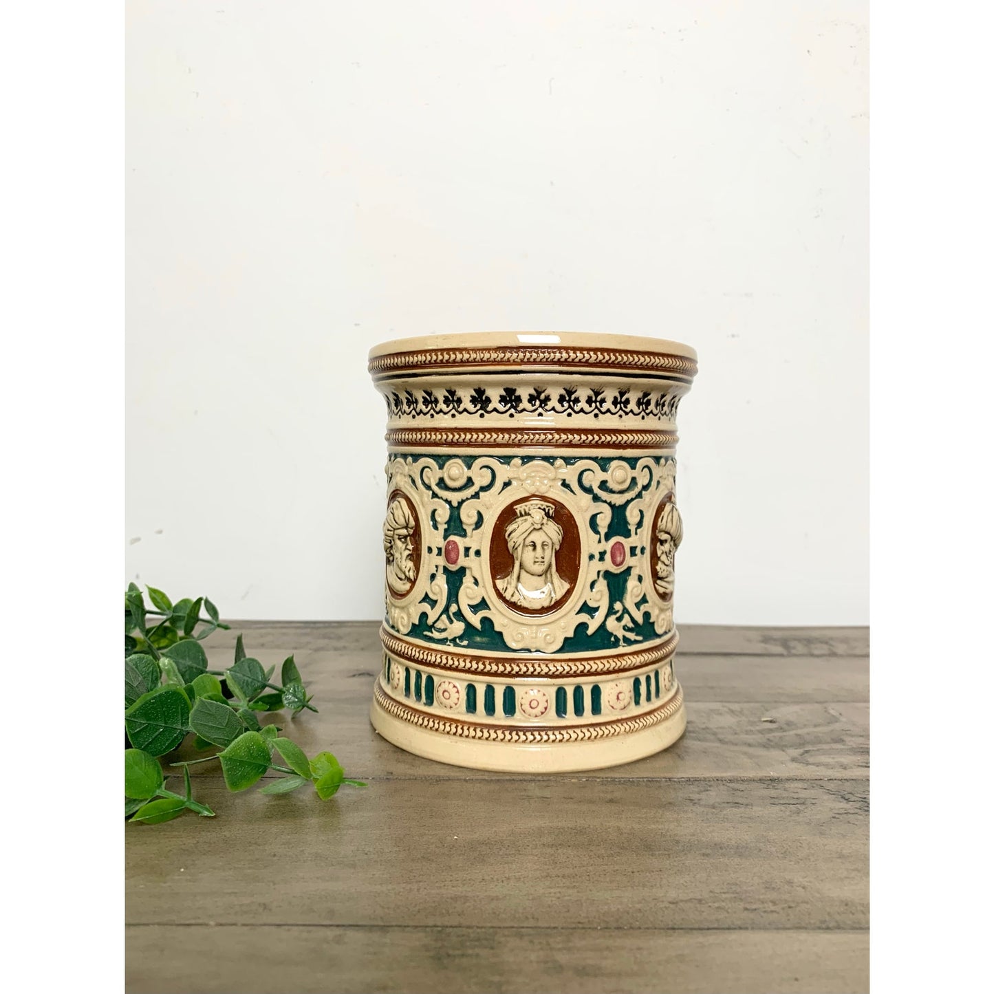 Antique German Majolica Style Pottery Jardiniere Crock Tobacco Jar Humidor