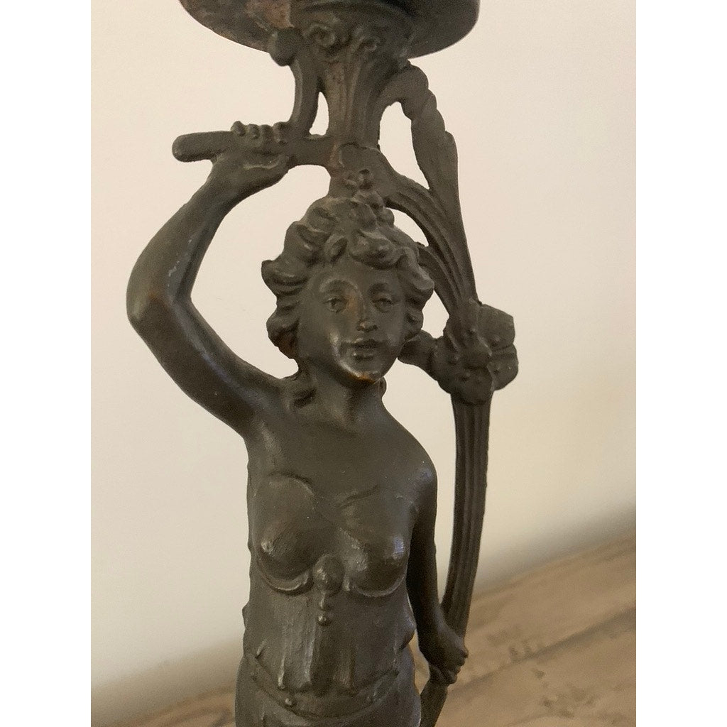 Antique Art Nouveau Bronze Lady Figure Candelabra Statue Romantic Dark Old Money