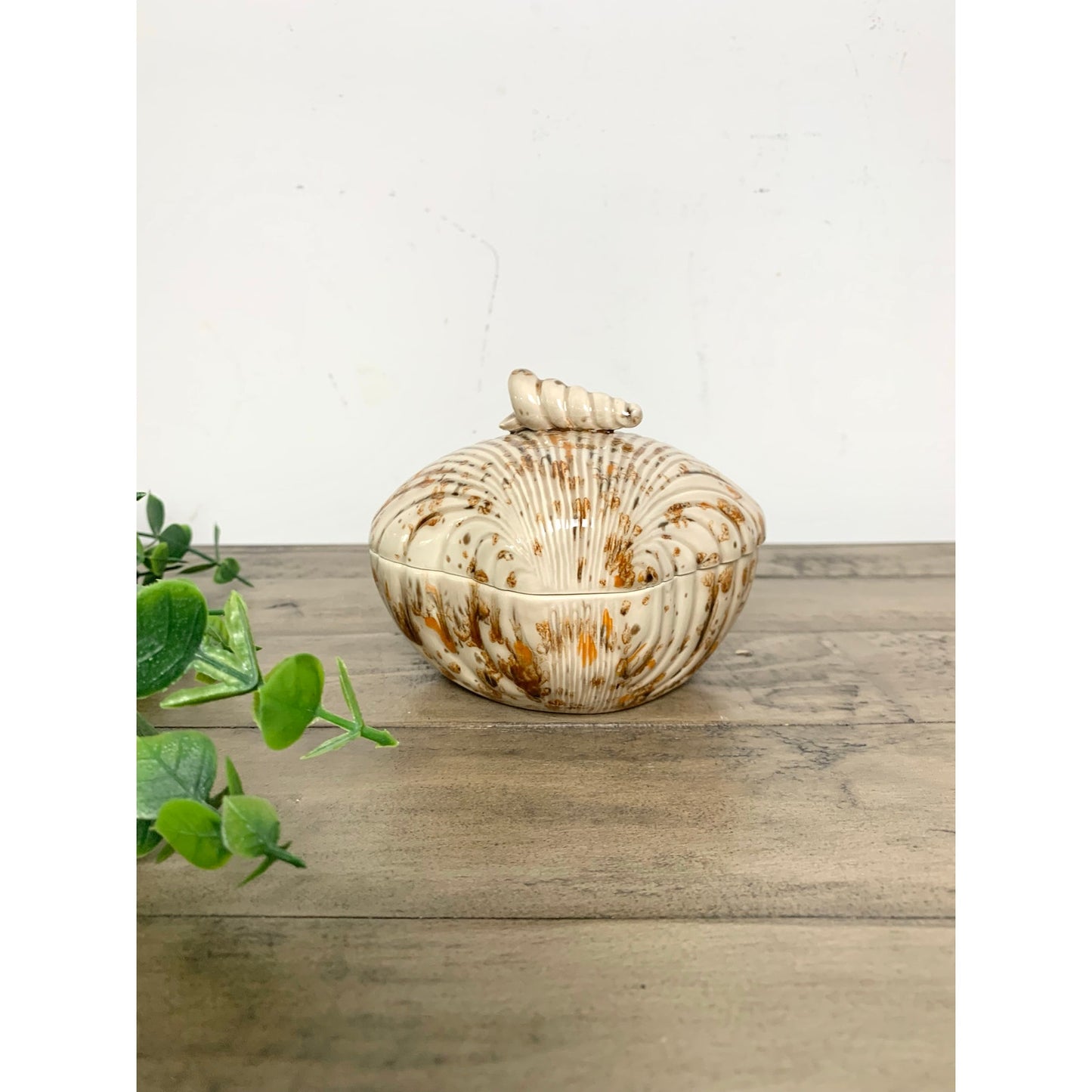 Vintage 1982 Scioto Ceramics Shell Lidded Trinket Dish Box Coastal Beach Cottage