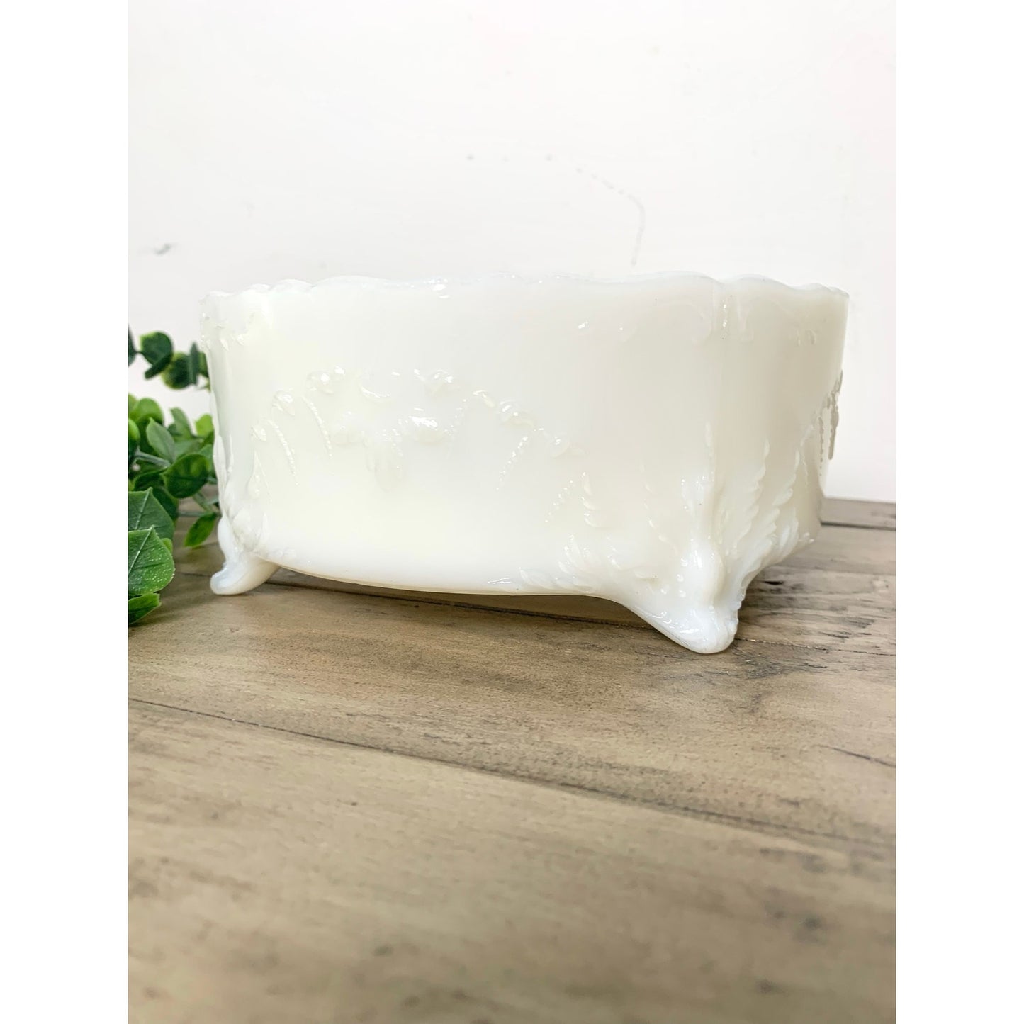 Vintage Milk Glass Footed Bowl Embossed White Centerpiece Dish Cottage Shabby