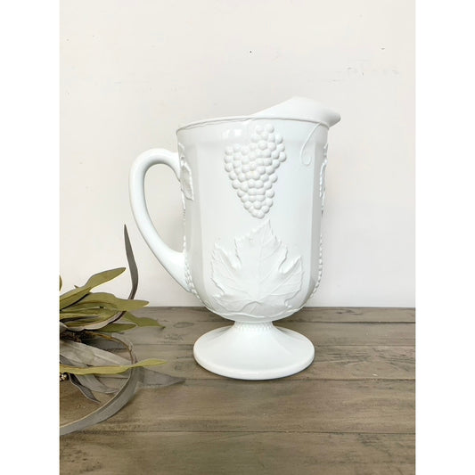 Vintage Milk Glass Pedestal Pitcher with Grape Leaf Motif Large Serving or Vase Cottagecore