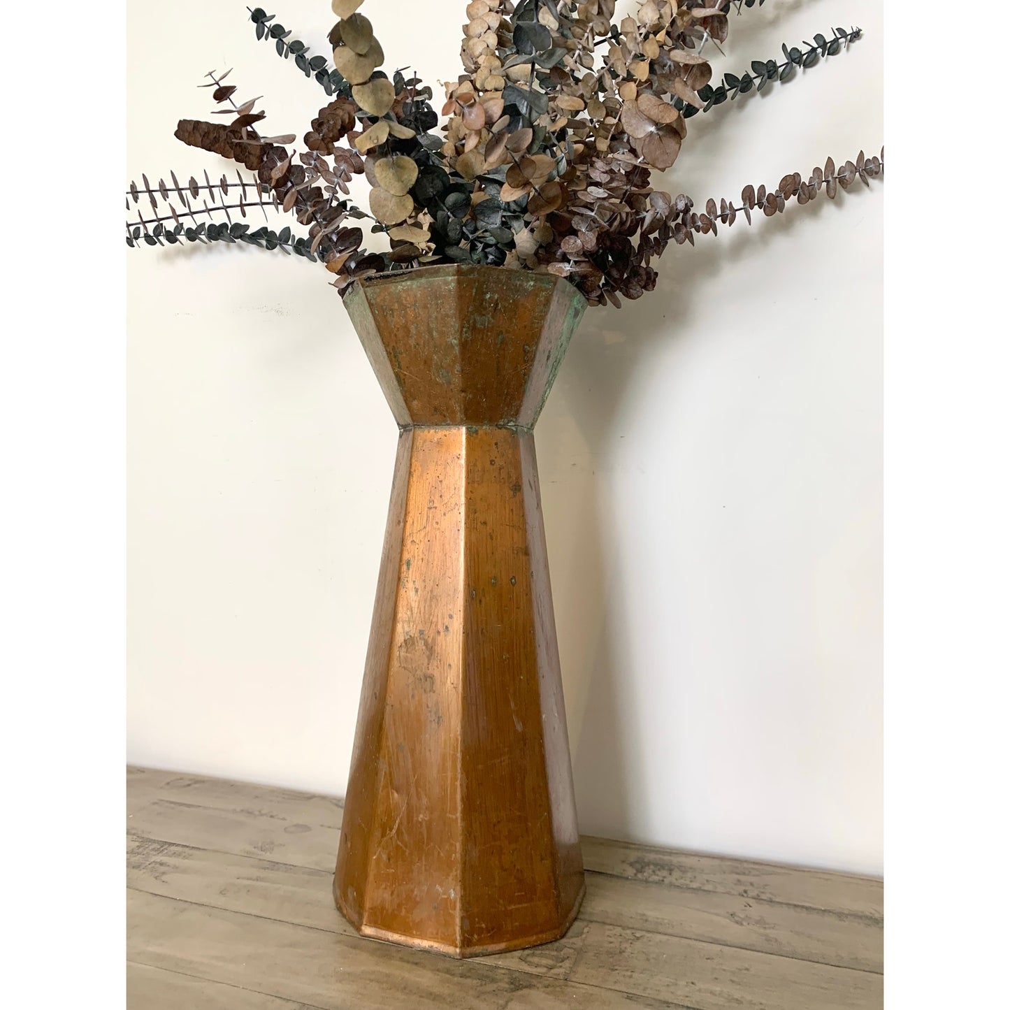 Vintage Copper Vase with Natural Verdigris Patina Large Statement Vessel Rustic