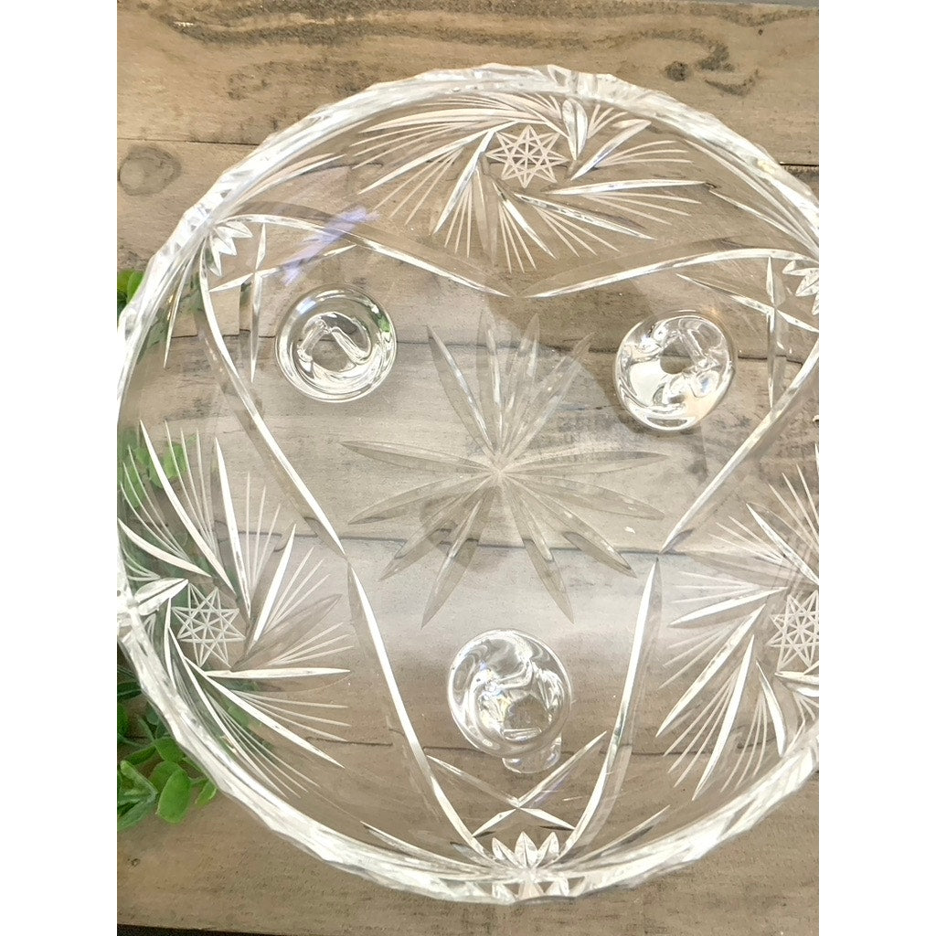 Vintage Cut Crystal Footed Bowl Starburst Centerpiece Vase Fruit Bowl on Three Feet Elegant Serving