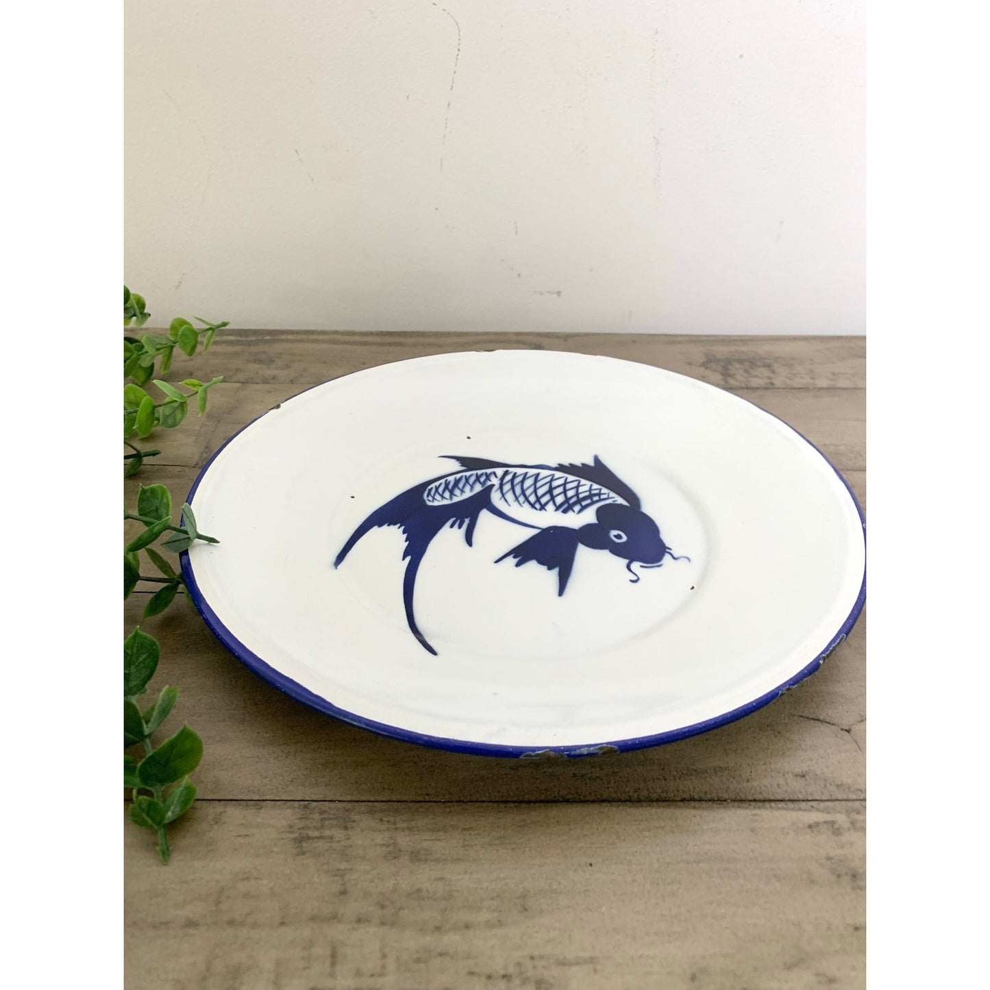 Vintage Butterfly Brand Enamelware Plate Blue Koi Fish Farmhouse Chinoiserie