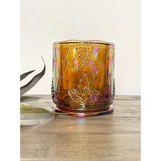 Vintage Iridescent Carnival Glass Votive Holder with Grape & Leaf Motif Marigold