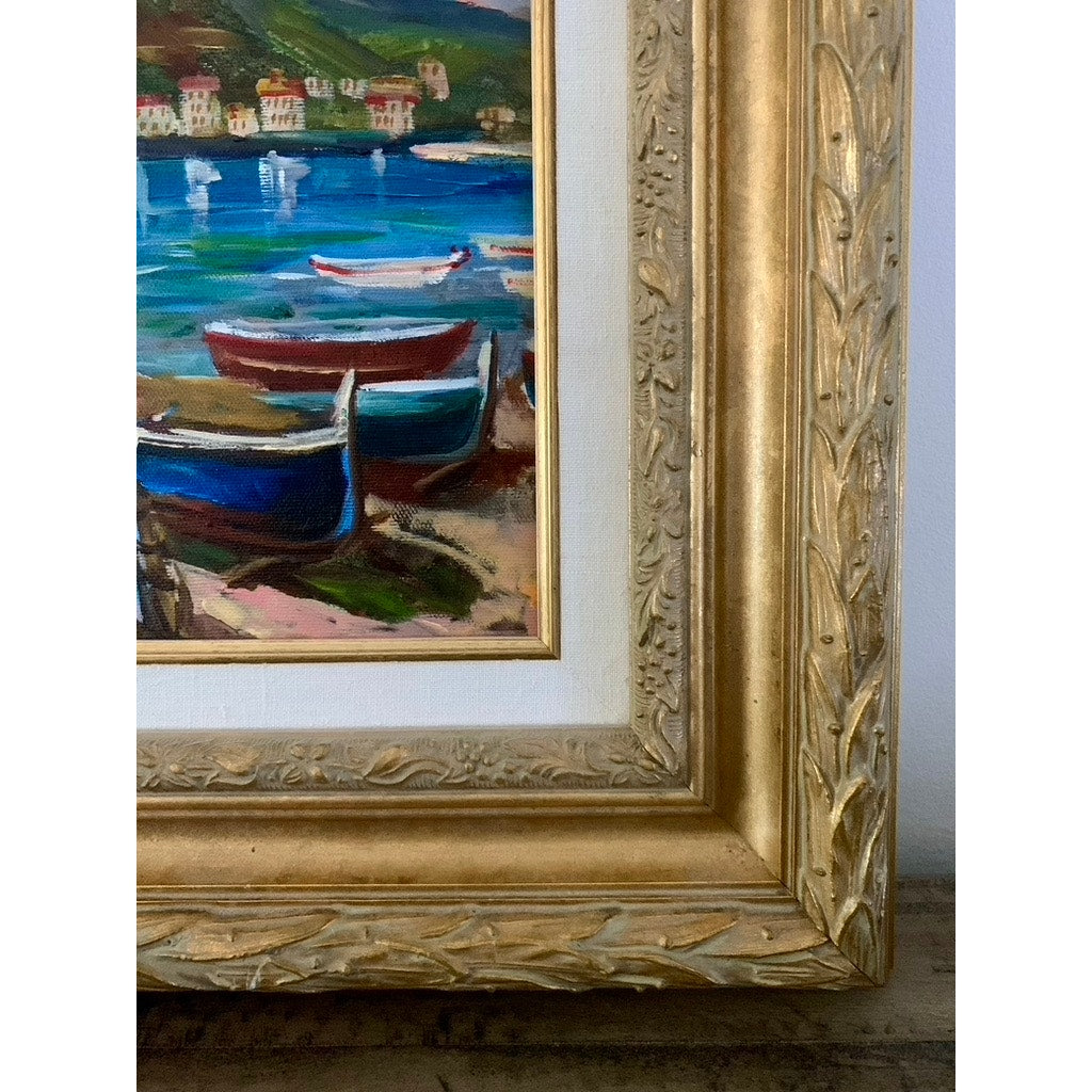 Mediterranean Oil Painting with Boats Signed & Framed