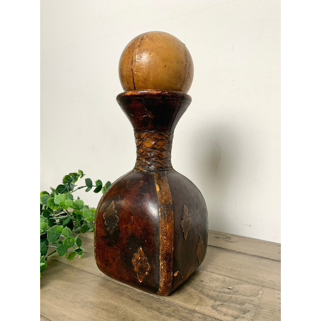 Vintage Italian Leather Wrapped Square Decanter with Ball Stopper Old Money MCM