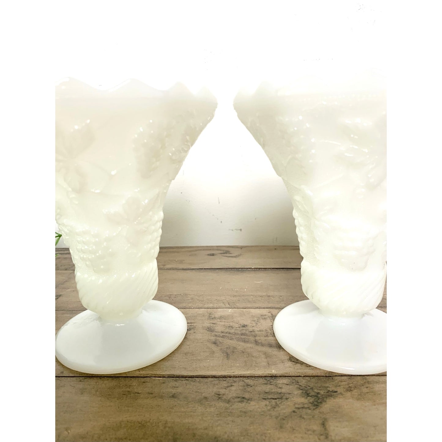 Anchor Hocking Vintage Pair White Milk Glass Grape Vine Pedestal Vases Cottage