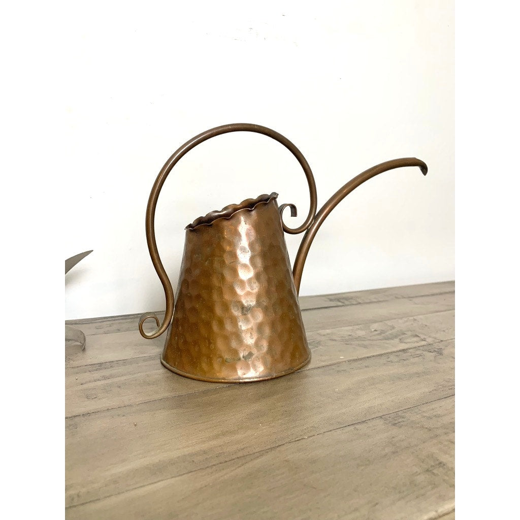 Vintage Hammered Copper Watering Can with Curved Handle and Long Spout Vase