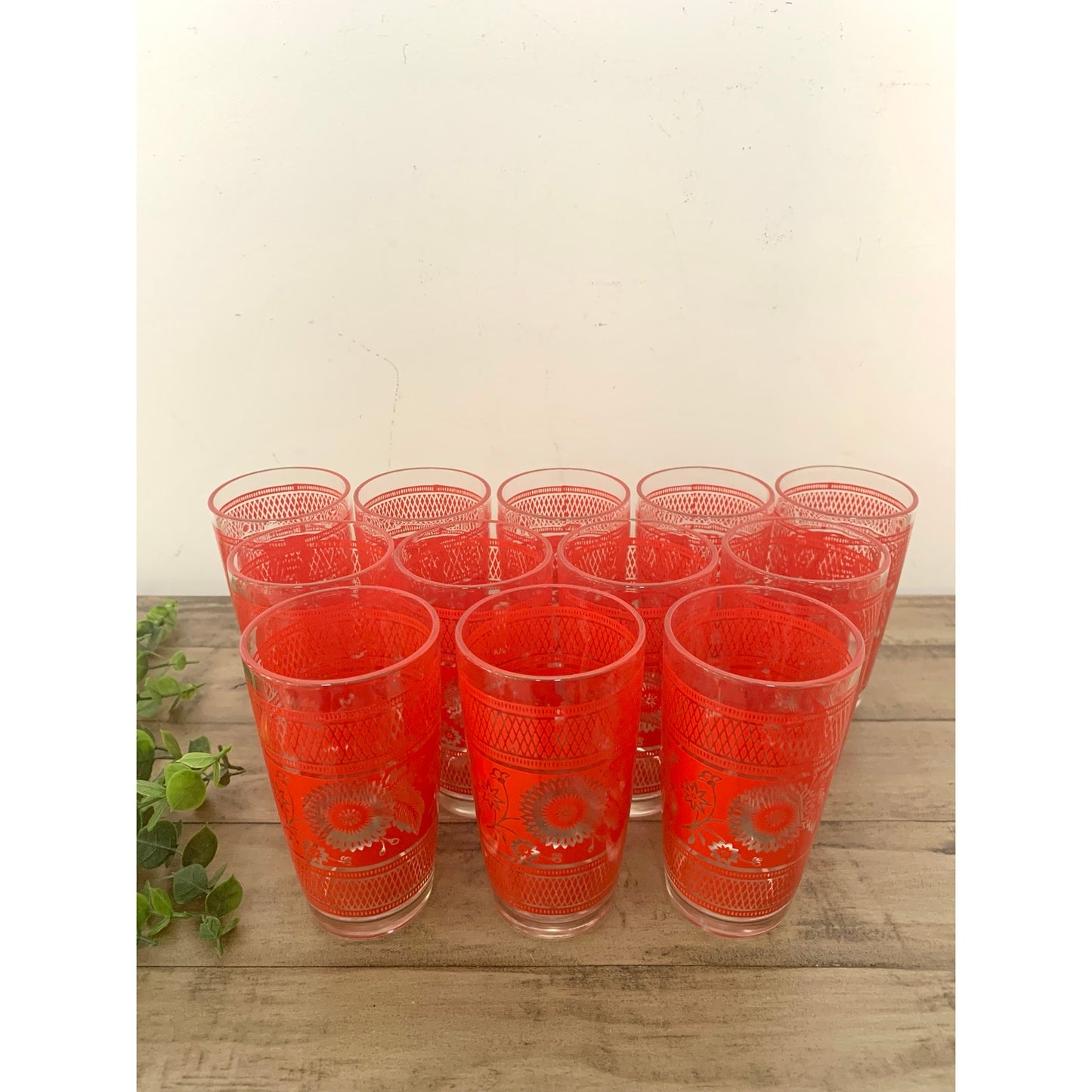 Vintage Mid Century Barware Glasses 12pc Retro Floral Red Drinkware Boho Cottage