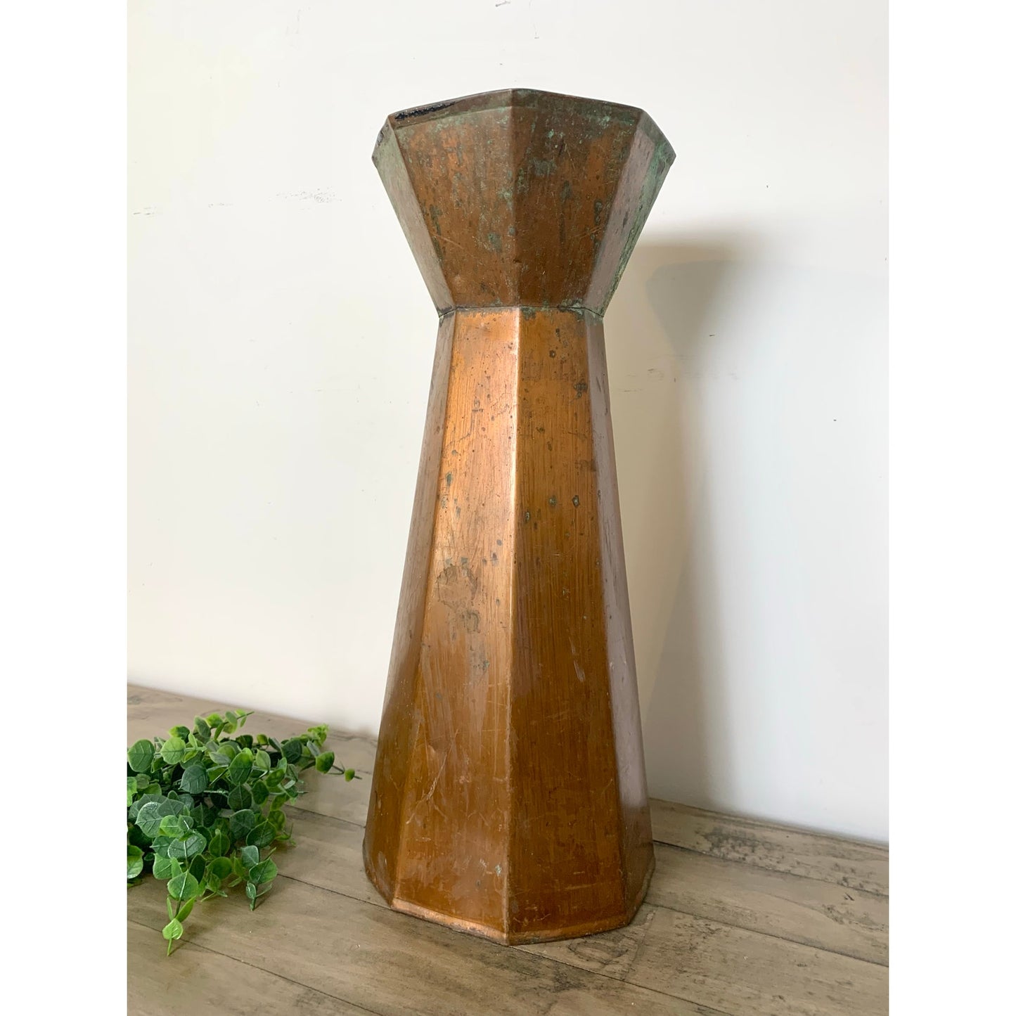 Vintage Copper Vase with Natural Verdigris Patina Large Statement Vessel Rustic