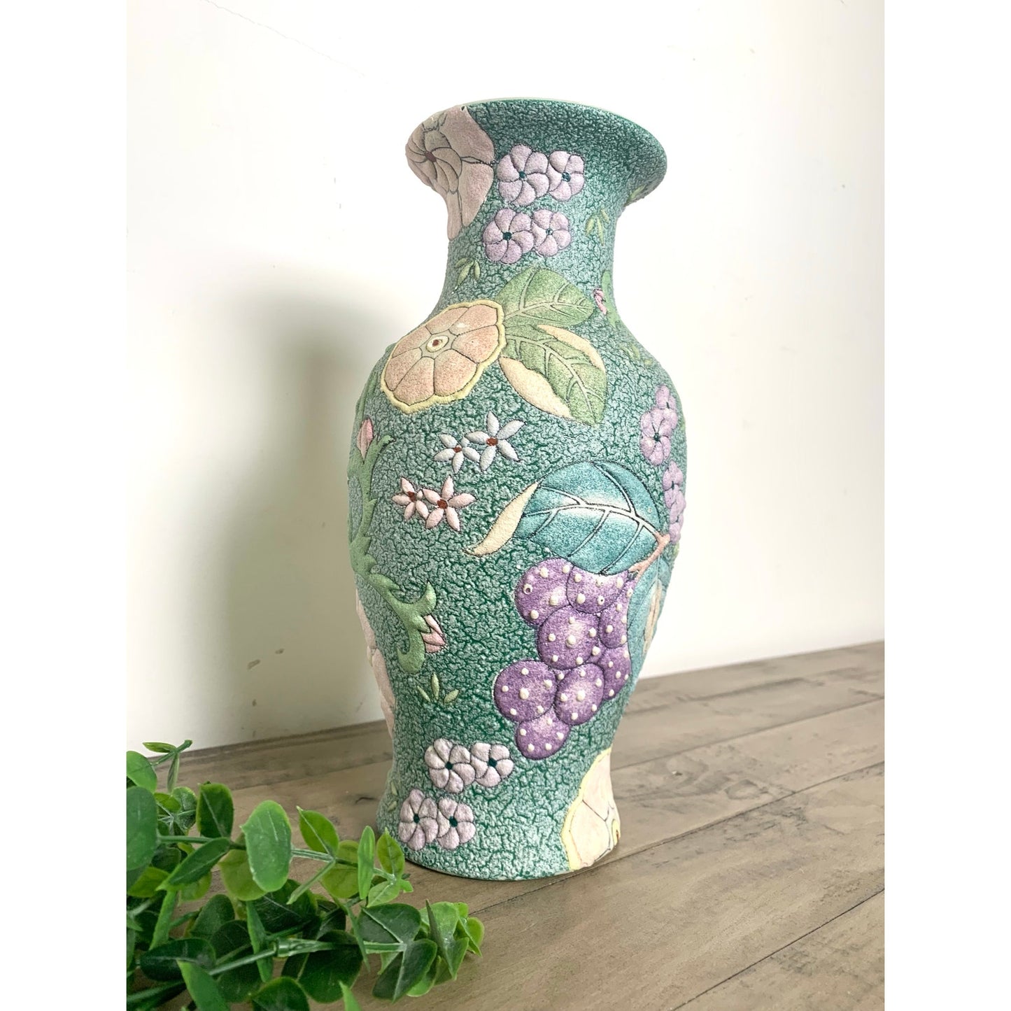Vintage Chinese High-Relief Textured Ceramic Vase Floral & Fruit Chinoiserie 12"