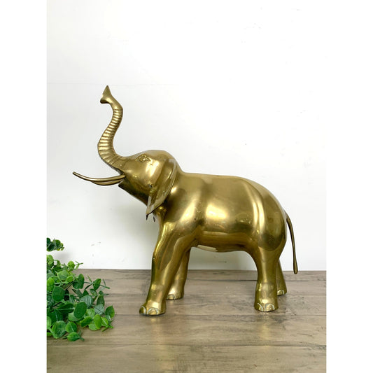 Vintage Solid Brass Elephant Statue with Raised Trunk Mid Century Animal Figure