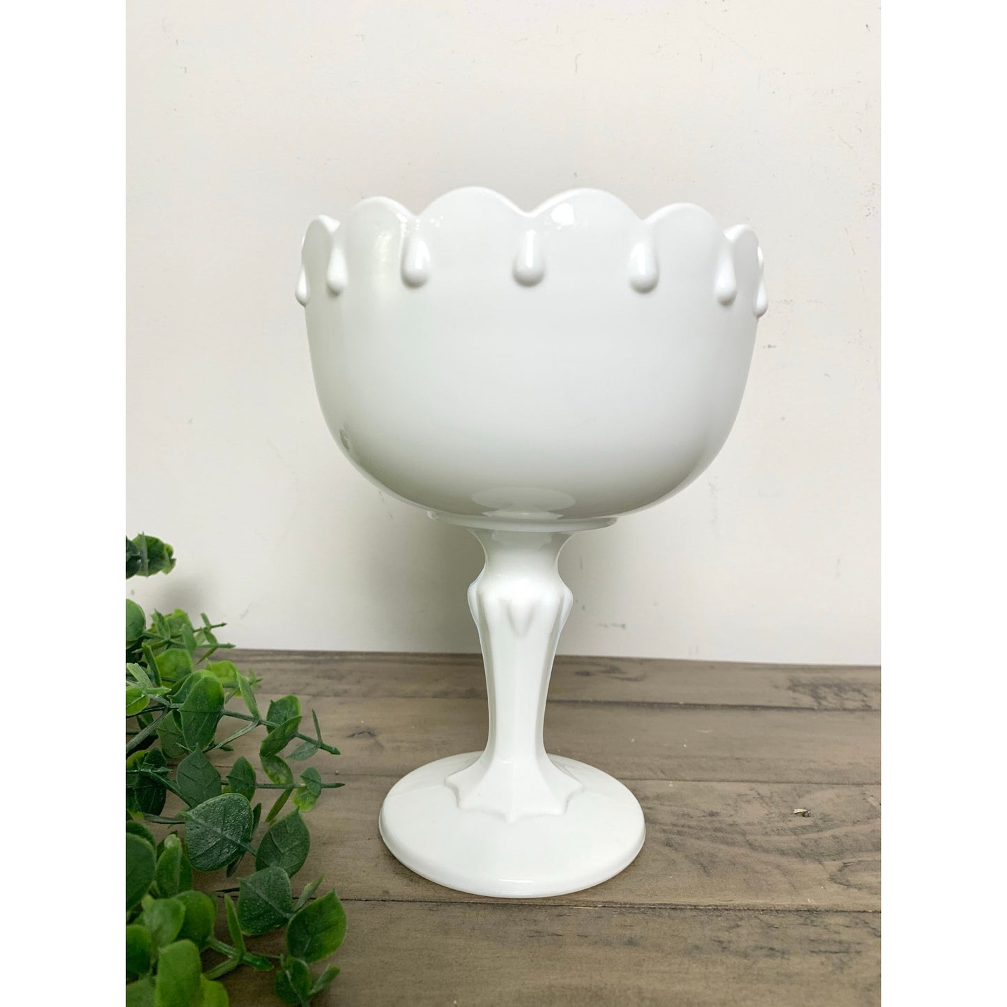 Vintage White Indiana Milk Glass Pedestal Compote Candy Dish Bowl Scalloped Rim