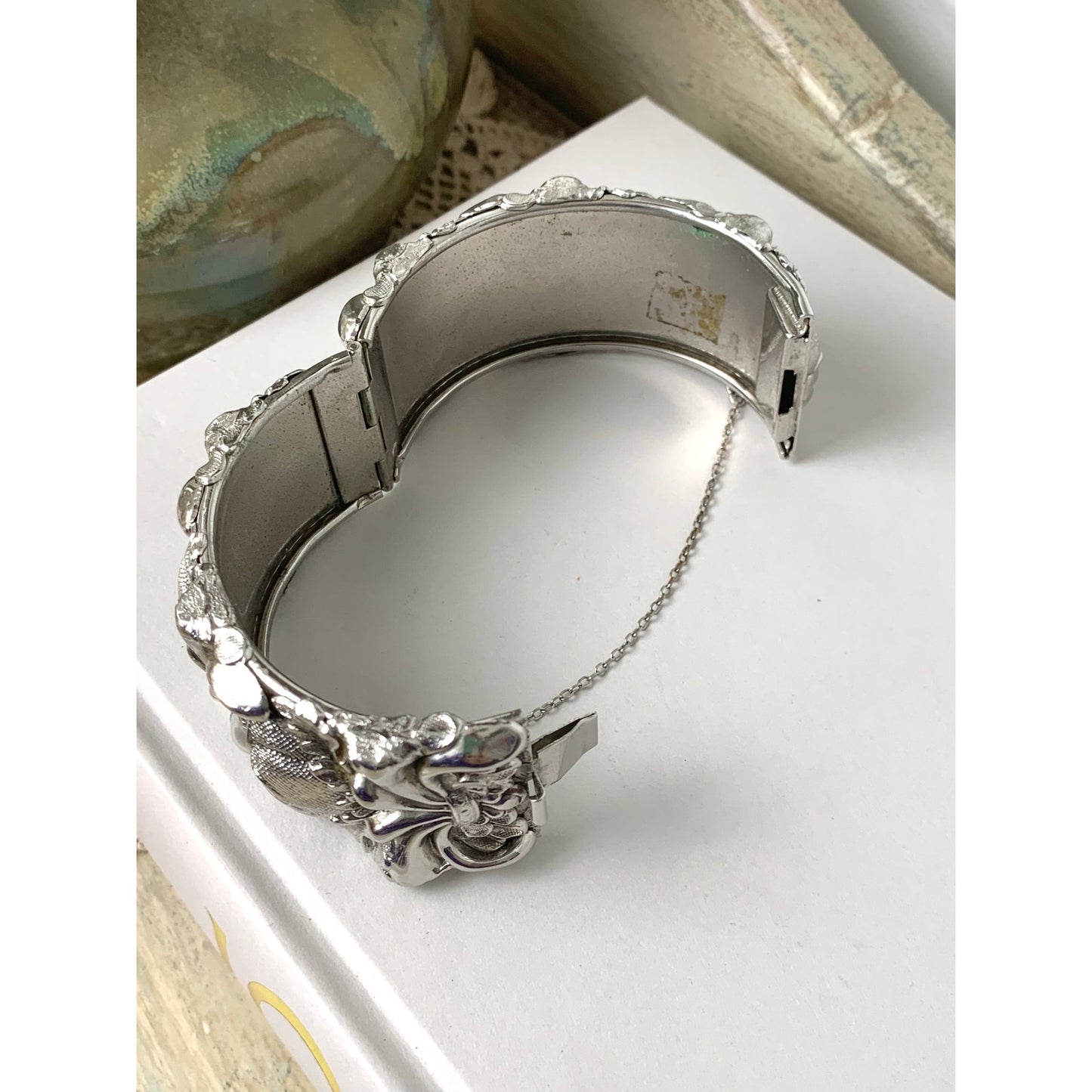 Vintage Wide Silver Tone Bracelet Whiting and Davis Style Repousse Floral Bangle