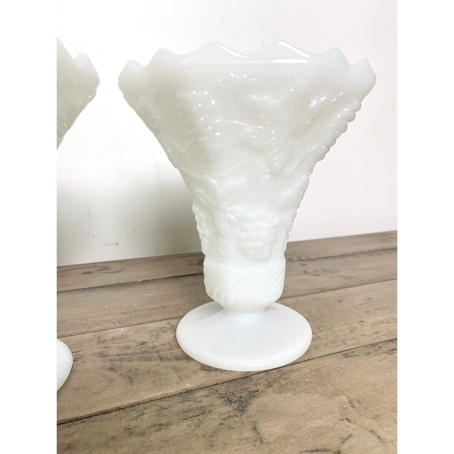 Anchor Hocking Vintage Pair White Milk Glass Grape Vine Pedestal Vases Cottage