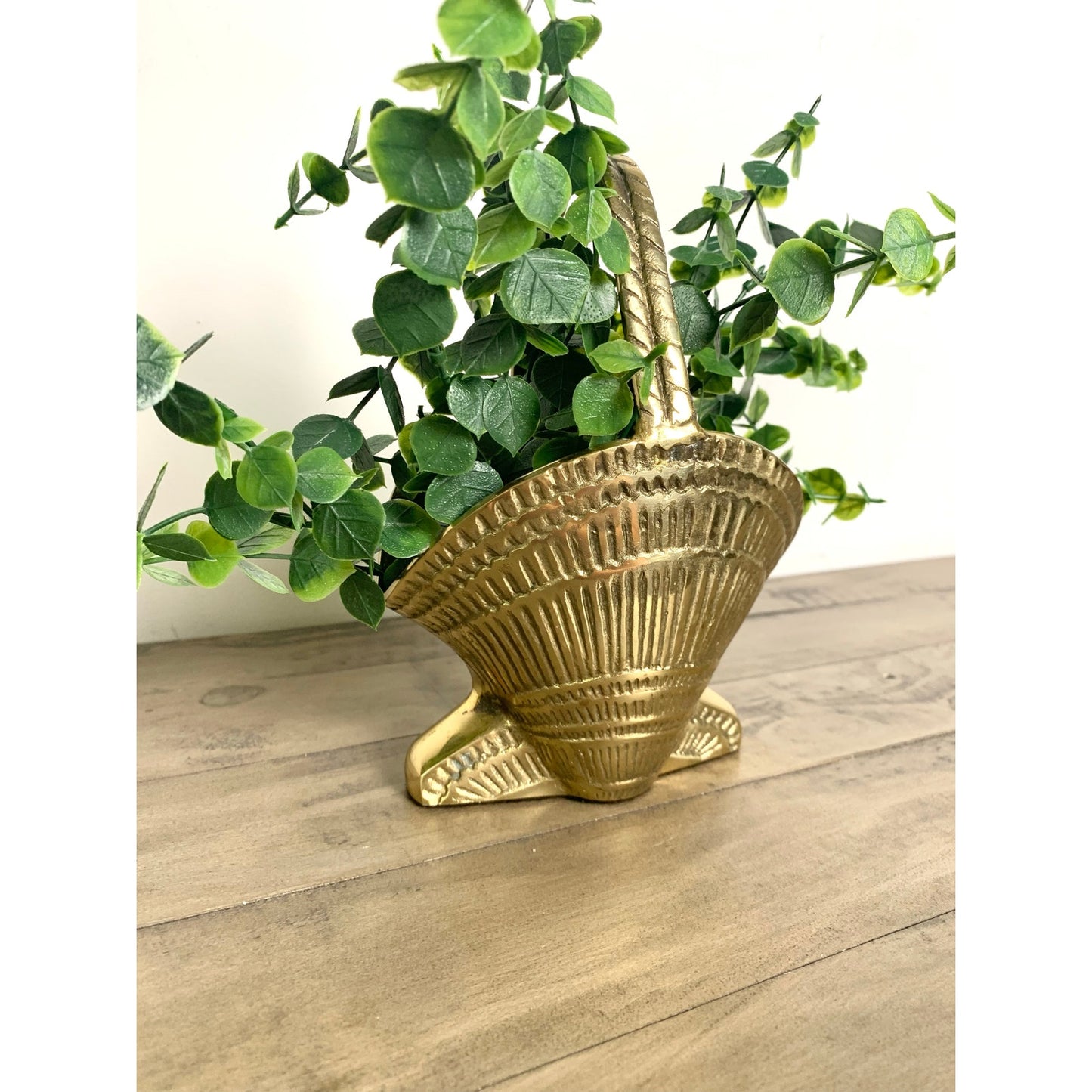 Vintage Solid Brass Seashell Basket Planter with Handle Heavy Coastal Nautical