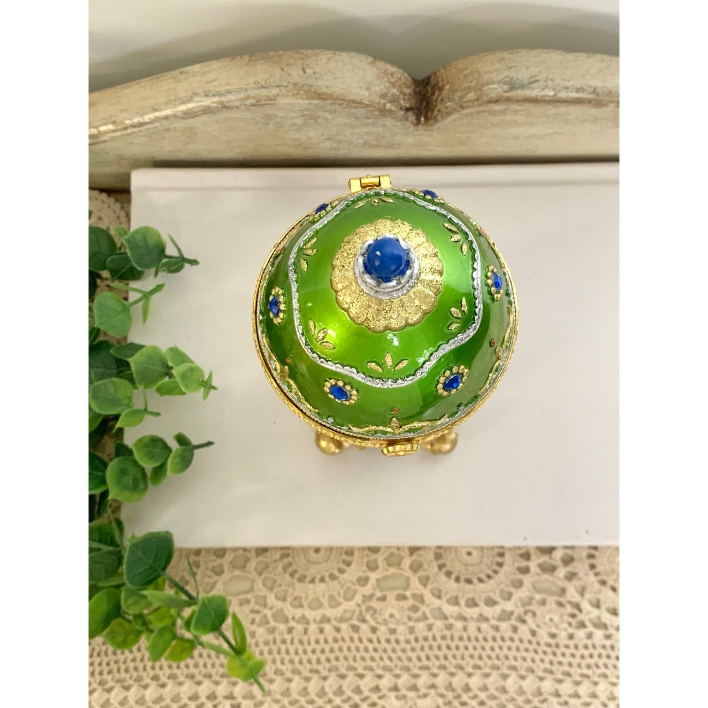 Vintage Faberge Style Green Enamel Egg Trinket Box Jeweled Pedestal Jewelry Box