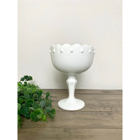 Vintage White Indiana Milk Glass Pedestal Compote Candy Dish Bowl Scalloped Rim