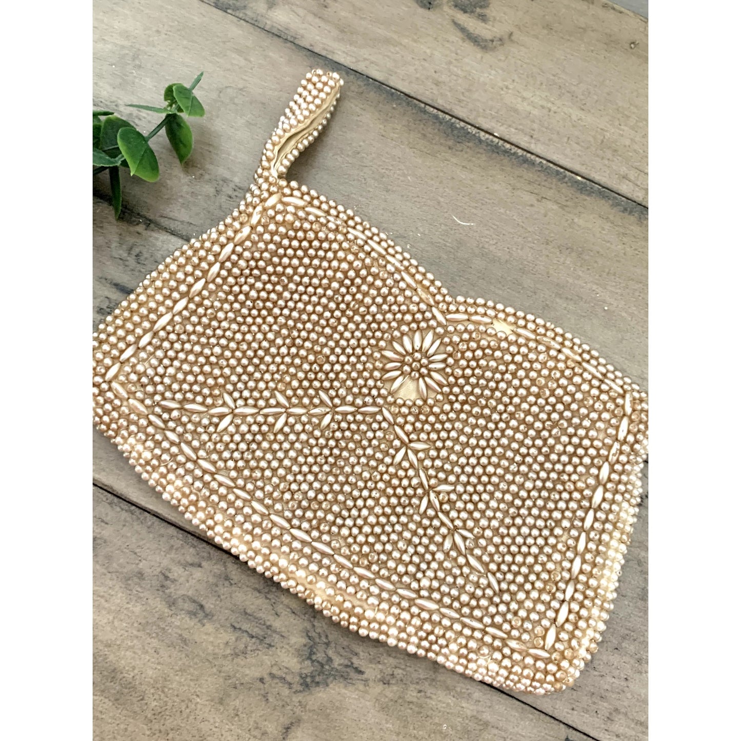 Vintage Beaded Faux Pearl Evening Bag Wristlet Clutch Purse Romantic Glam Boho