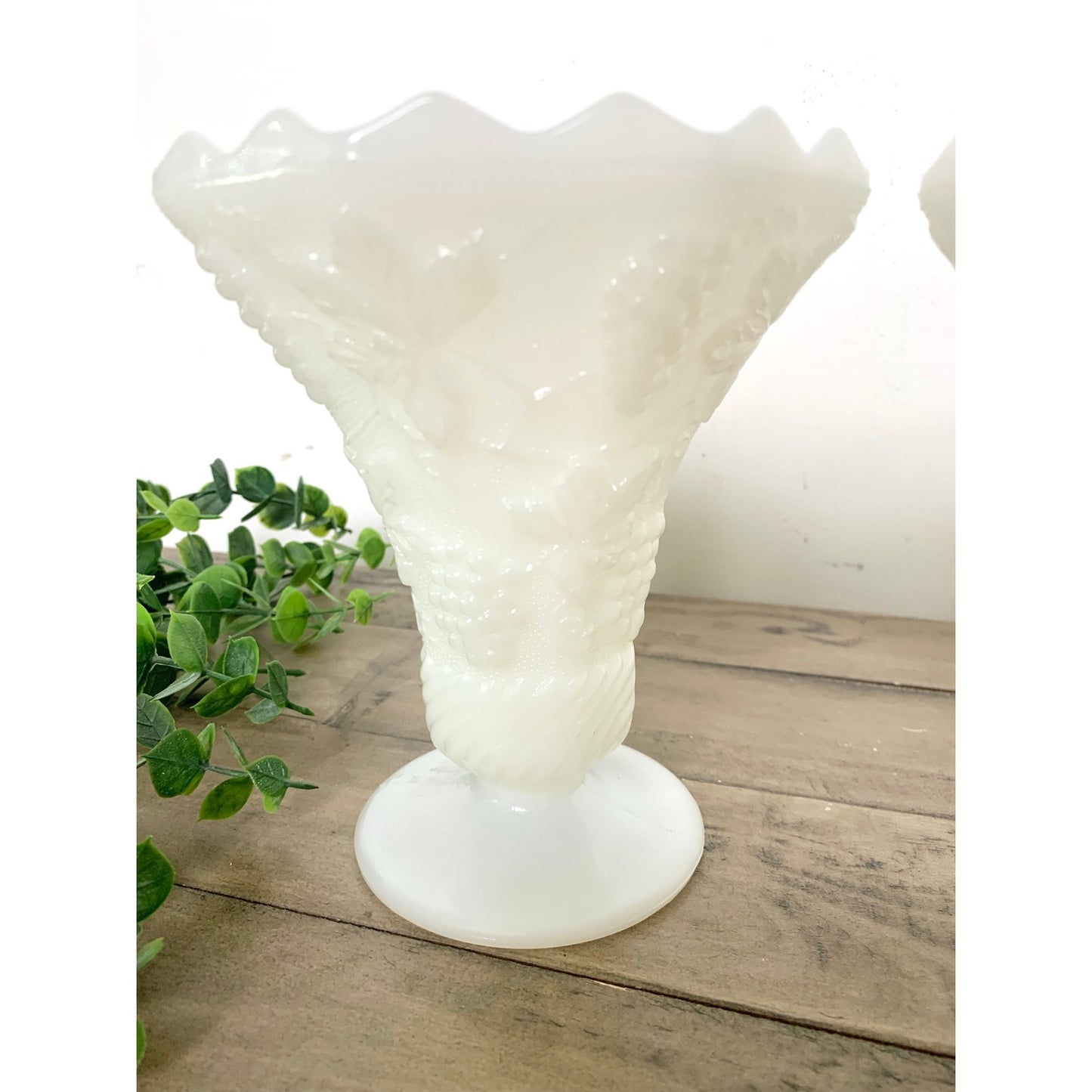 Anchor Hocking Vintage Pair White Milk Glass Grape Vine Pedestal Vases Cottage